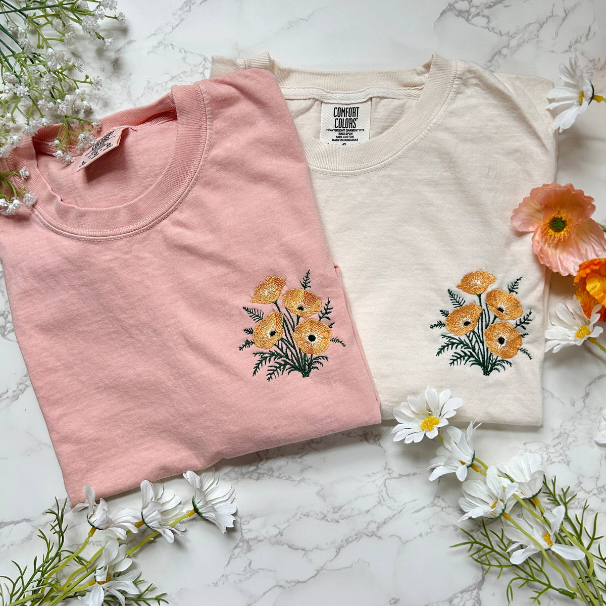 Embroidered California Poppy Flower Women's Boxy Tshirt