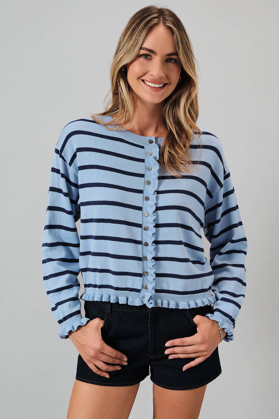 Two-Tone Striped Round Neck Cardigan with Ruffle Detail