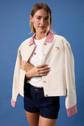 Denim Cropped Barn Jacket with Pockets and Dog Embroidery