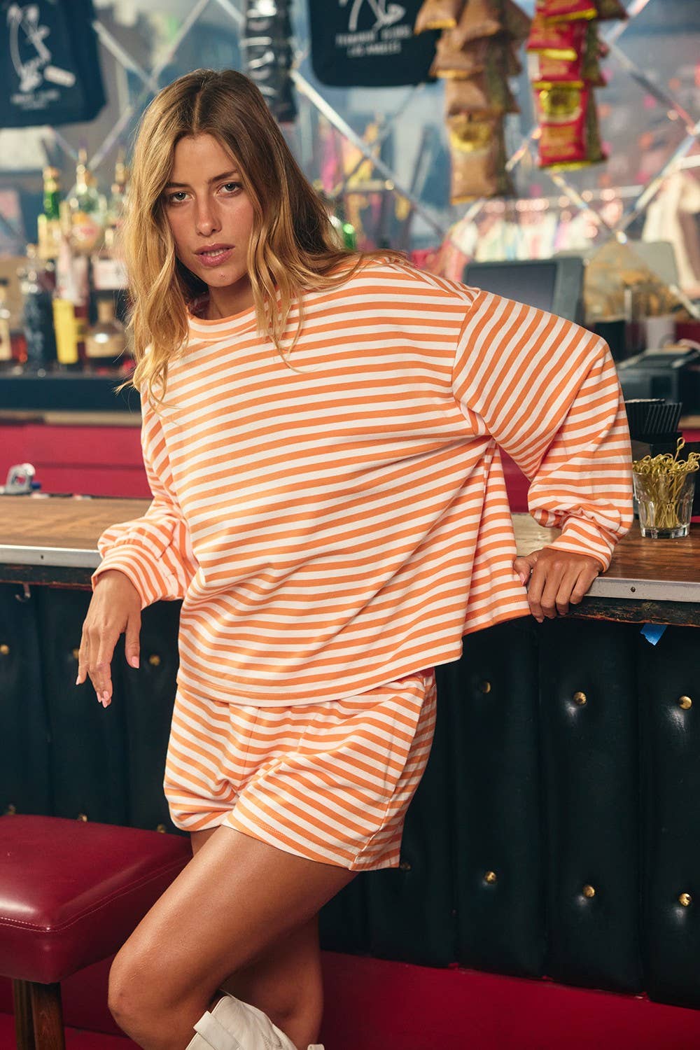 IT2819 | Oversized Semi Crop Striped T-Shirt Top