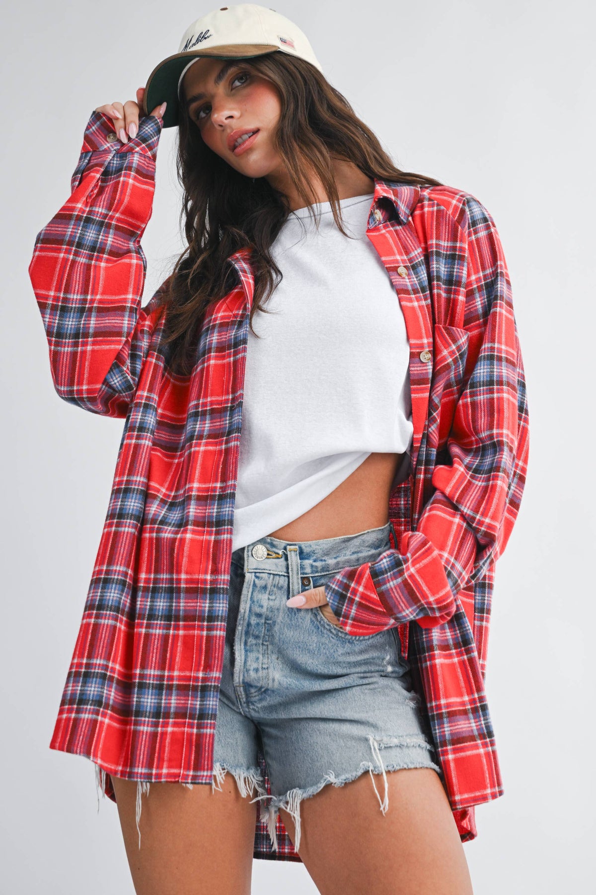 8664HN Oversized Plaid Button Down Shirt