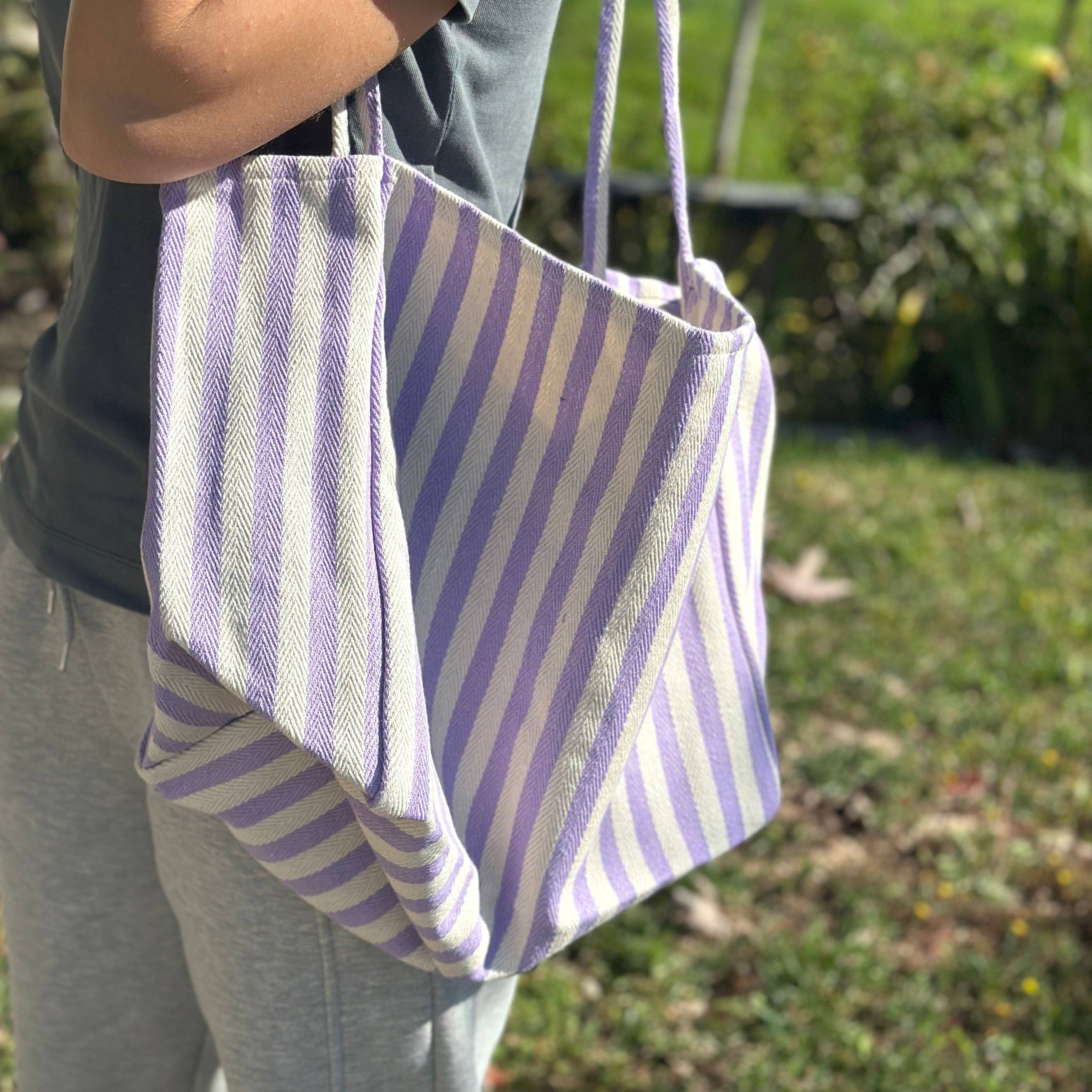 Purple & Cream Striped Tote Bag, Large Shoulder Bag, Beach Bag, Summer Market Bag, Casual Everyday Tote, Travel Bag, Boho Striped Handbag, Gift For Her (Copy) (Copy) (Copy)
