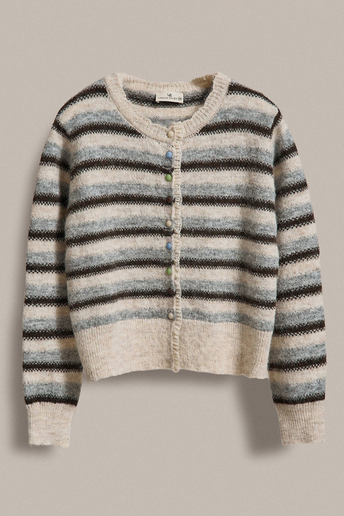 Lace Trim Striped Knit Cardigan with Candy Buttons