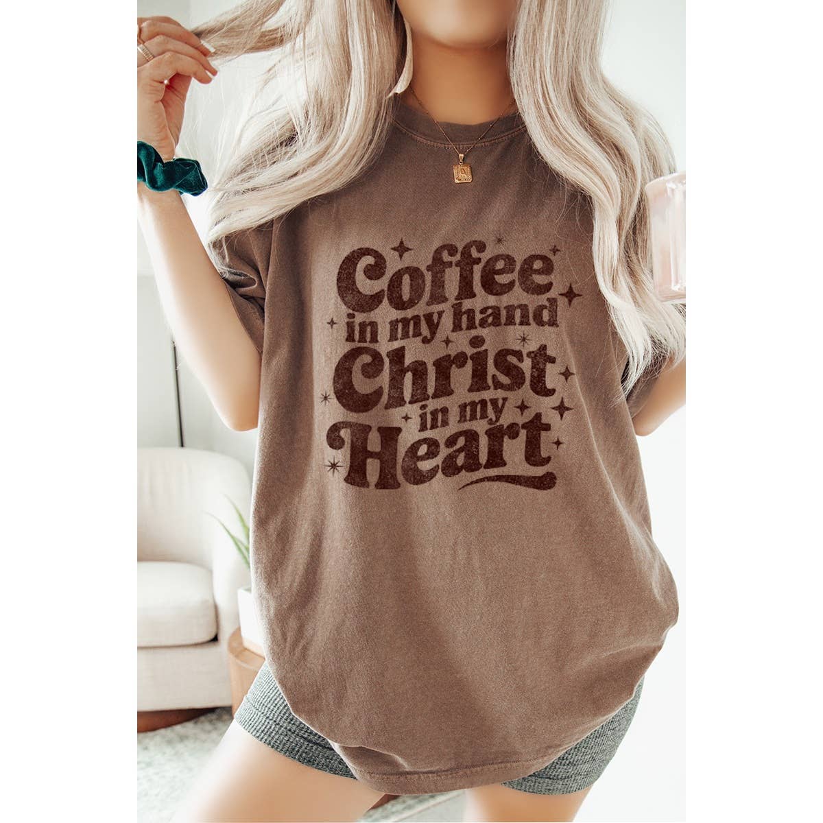 Coffee in My Hand Christ in My Heart Vintage Graphic Oversiz