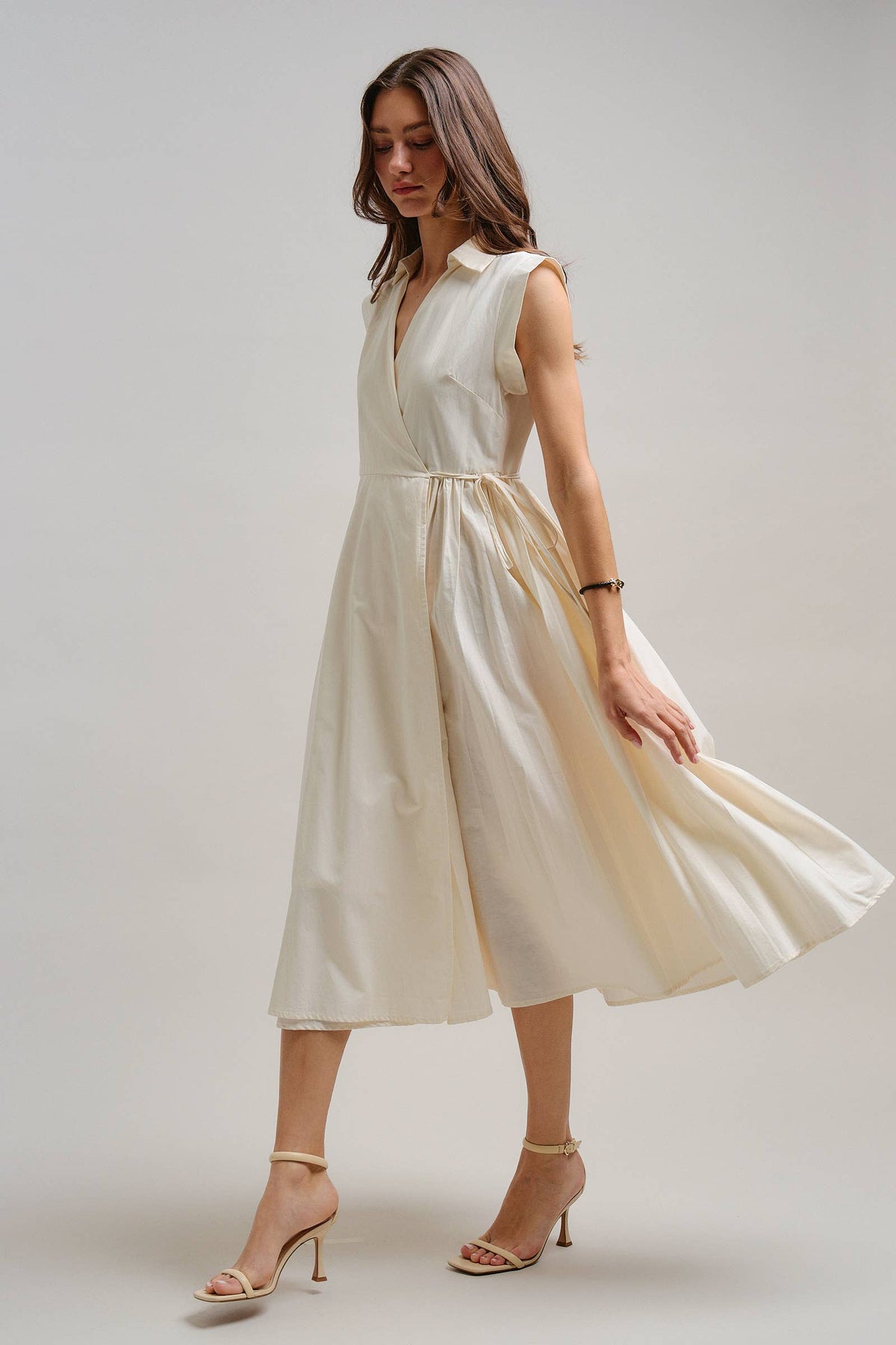 Collared Cap Sleeve Wrap Midi Dress