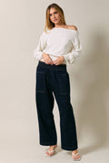 Smocked Waist Denim Pull On Barrel Pants
