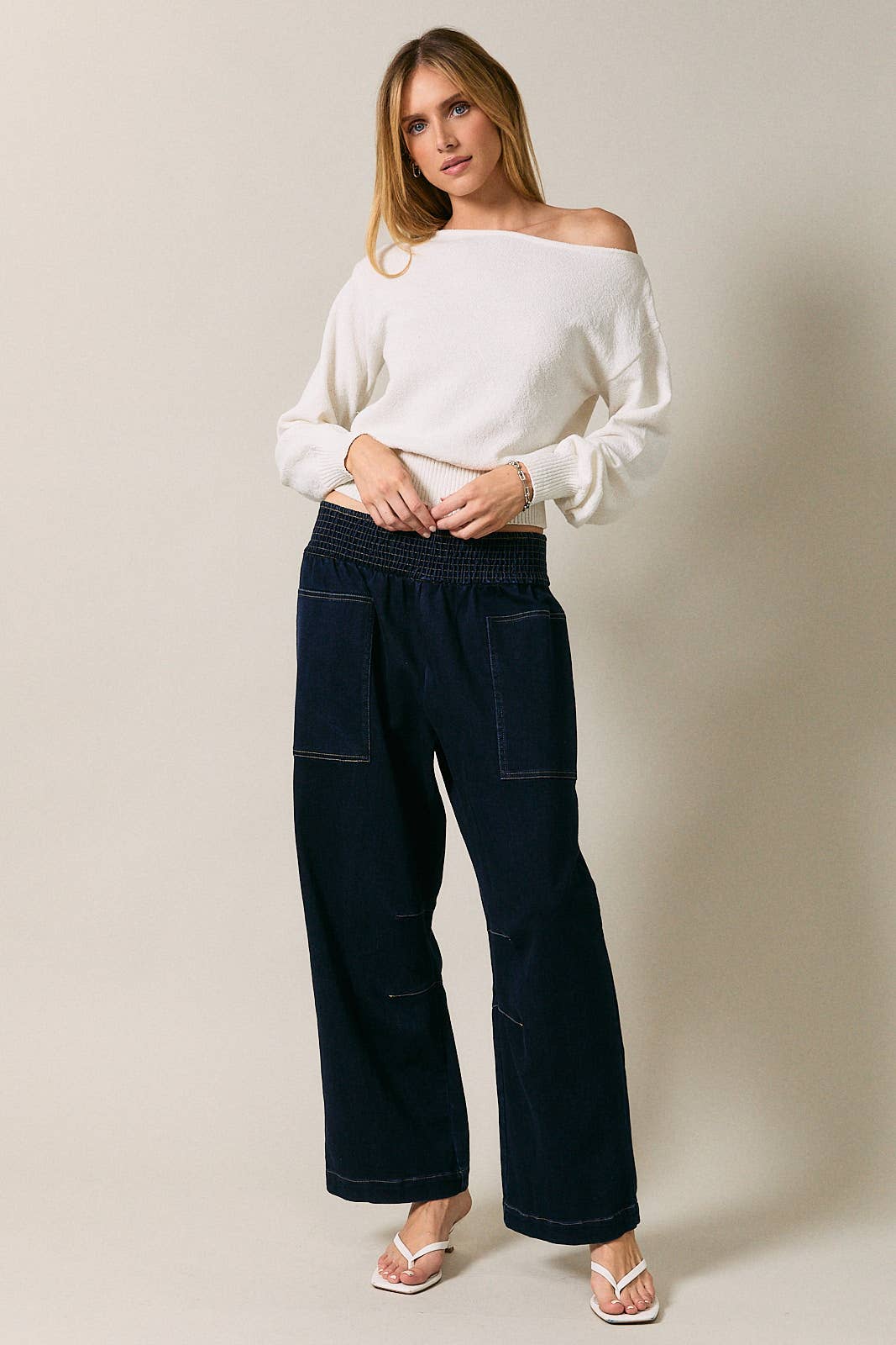Smocked Waist Denim Pull On Barrel Pants