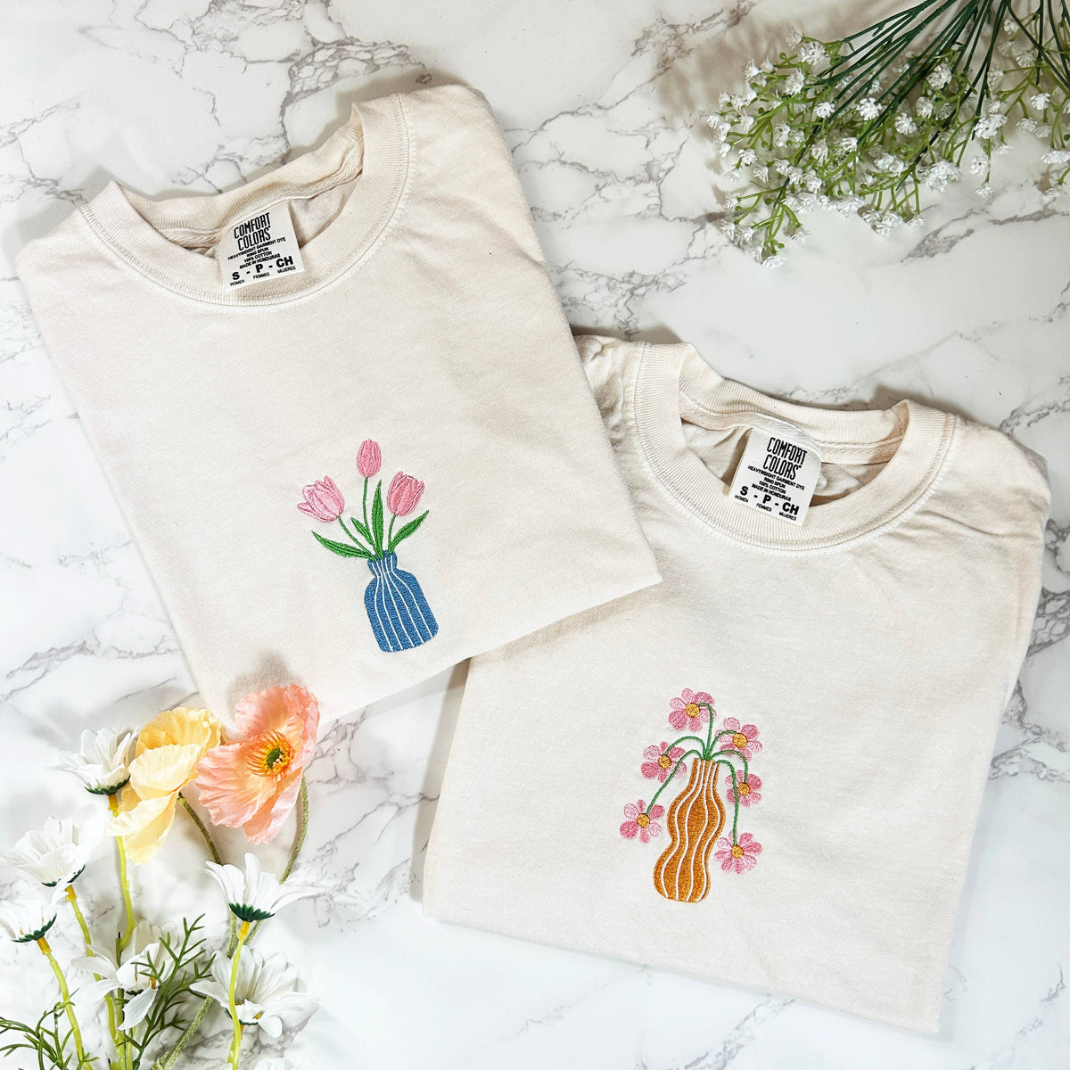 Embroidered Spring Summer Trendy Floral Vase Boxy Crop Shirt