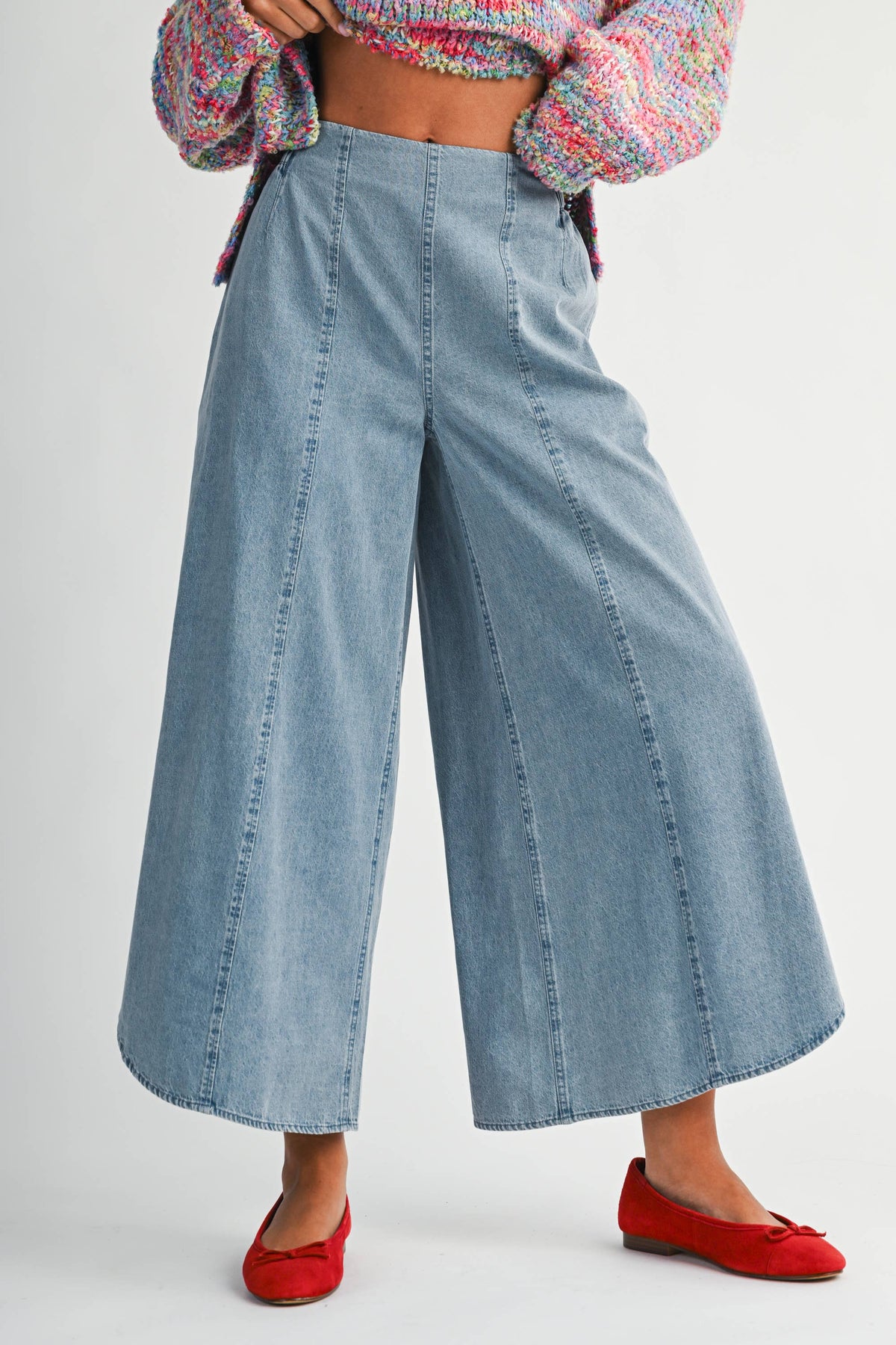 7222HK Denim Wash Wide Leg Midi Pants
