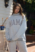 IT2594E-MAMA |'mama' Embroidered Applique Striped Mock-Neck