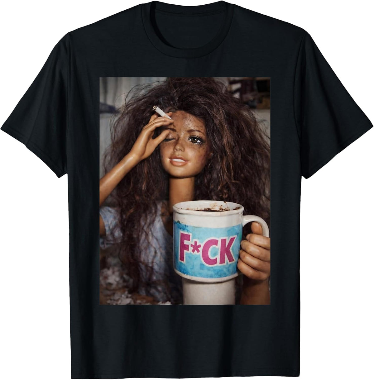 Funny Distressed Doll Face Meme Smoking Humor Tee