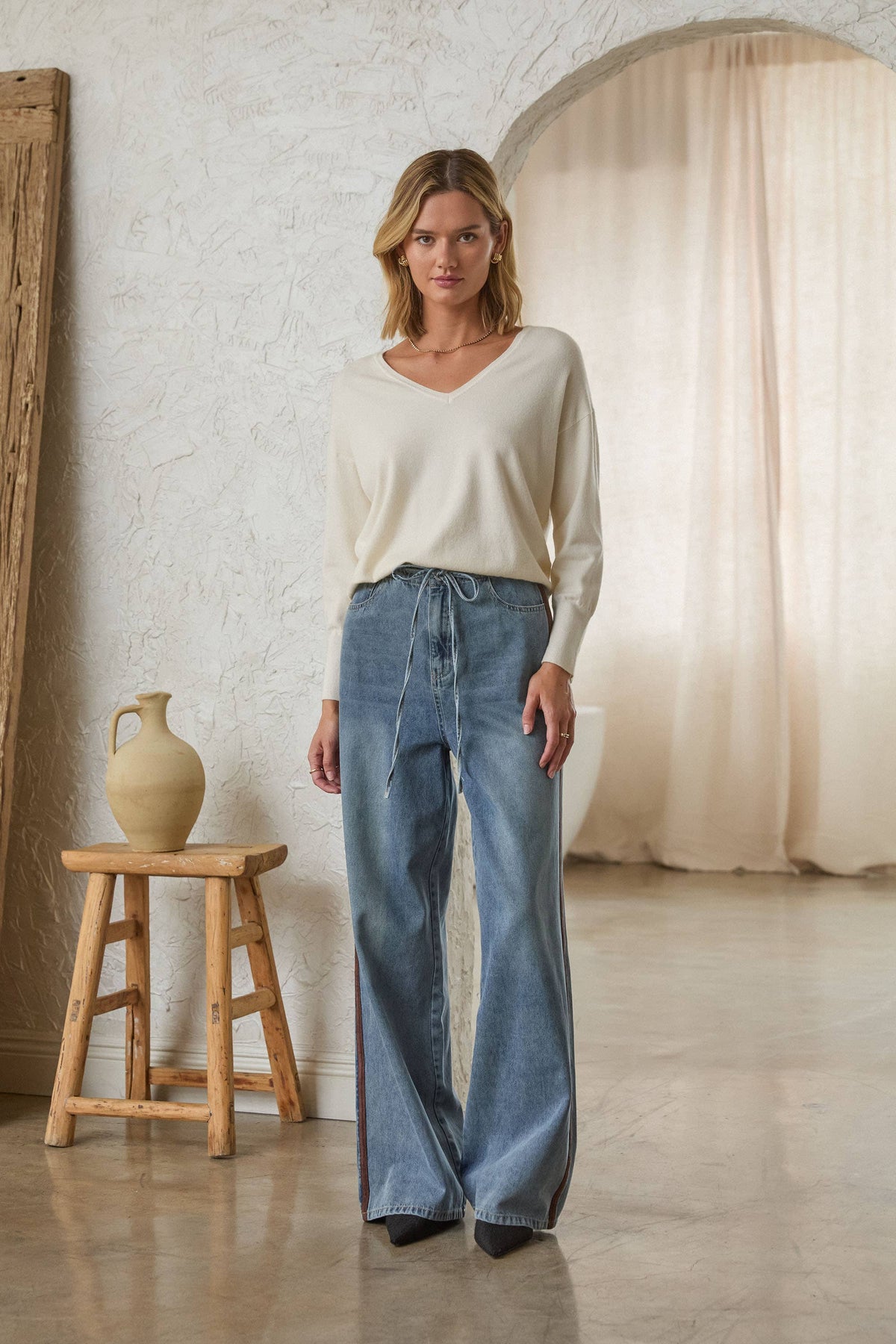Washed Denim Pants with Faux Suede Side Line Detail and Wais