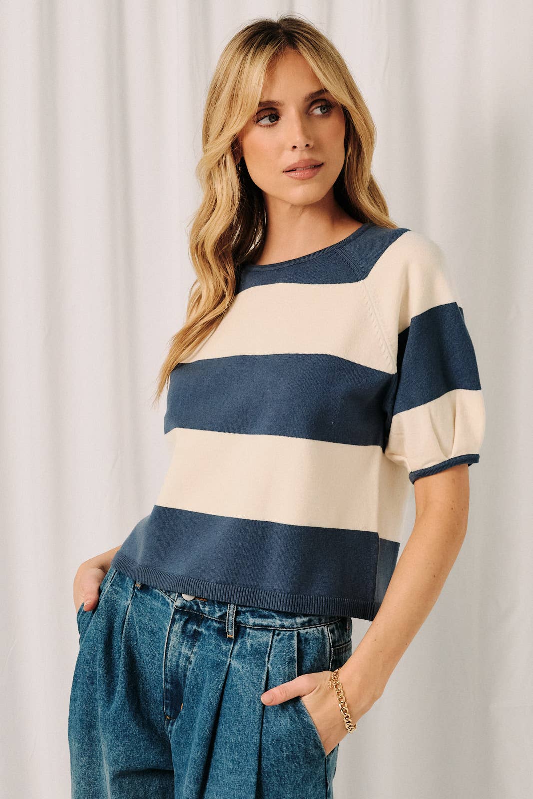Puff Half Sleeve Round Neck Cropped Stripe Sweater Top