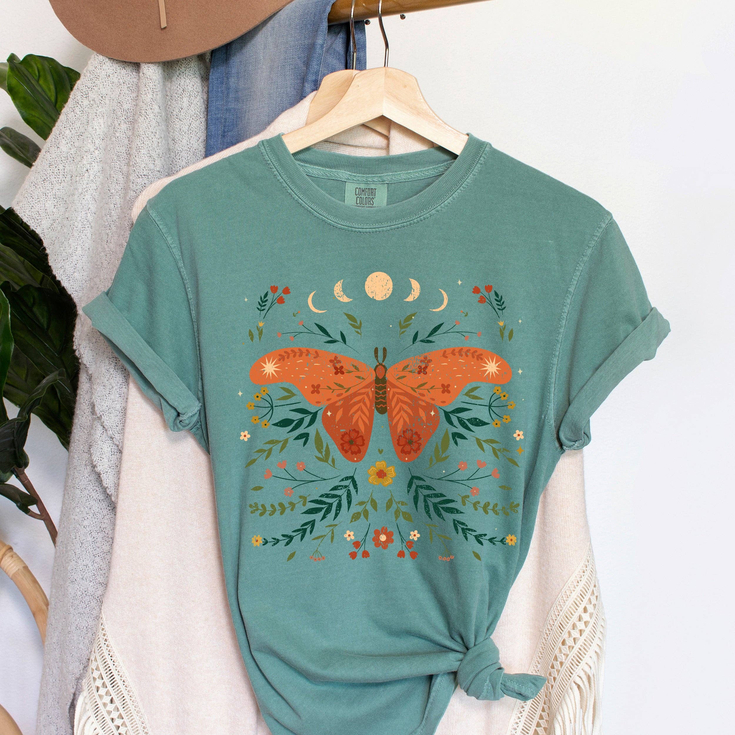 Moth Moon Phases and Ferns Celestial T-Shirt