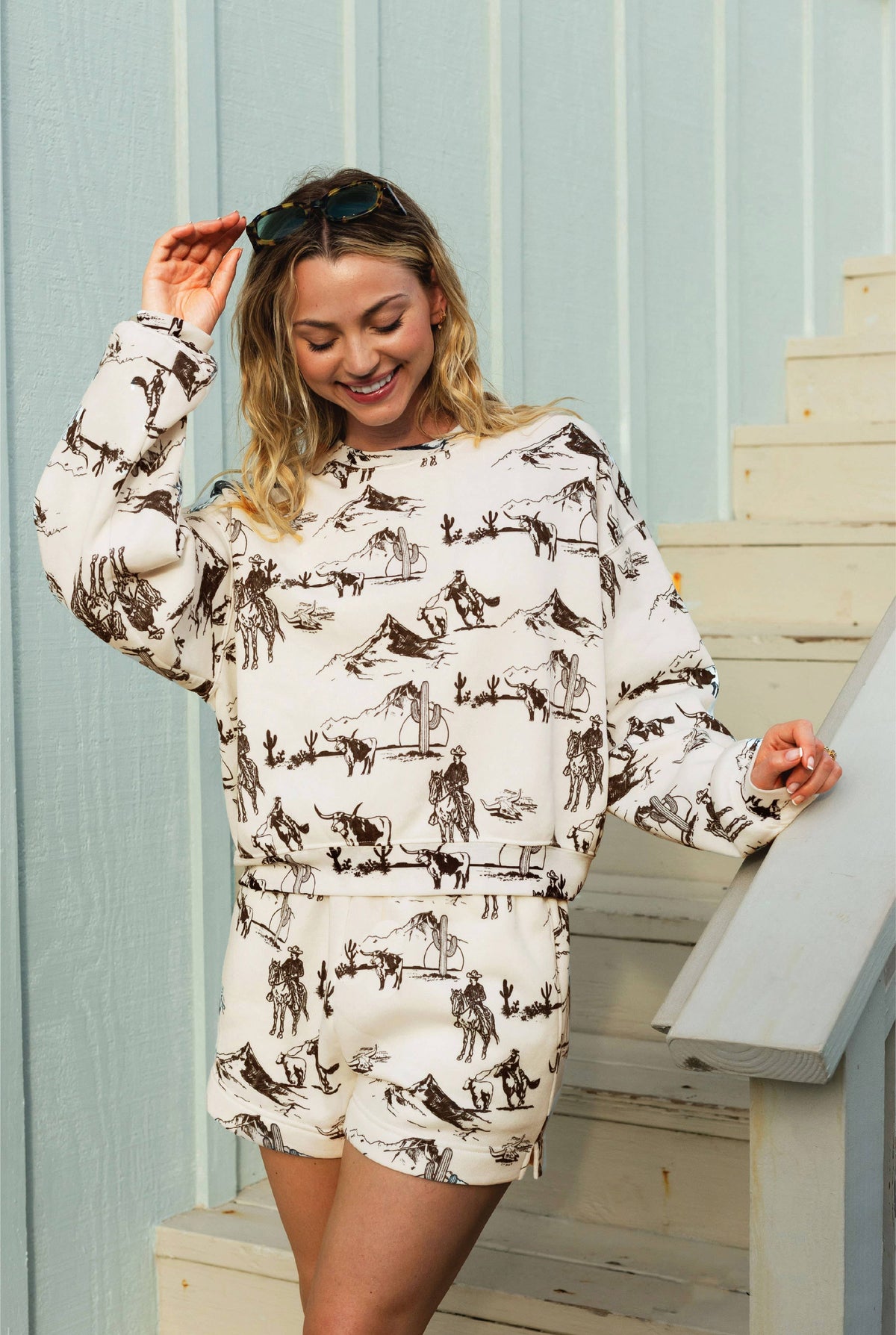 Western Print Fleece Sweatshirt & Shorts Set