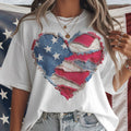 USA Flag Heart Stars and Stripes Denim Patchwork Print Tee