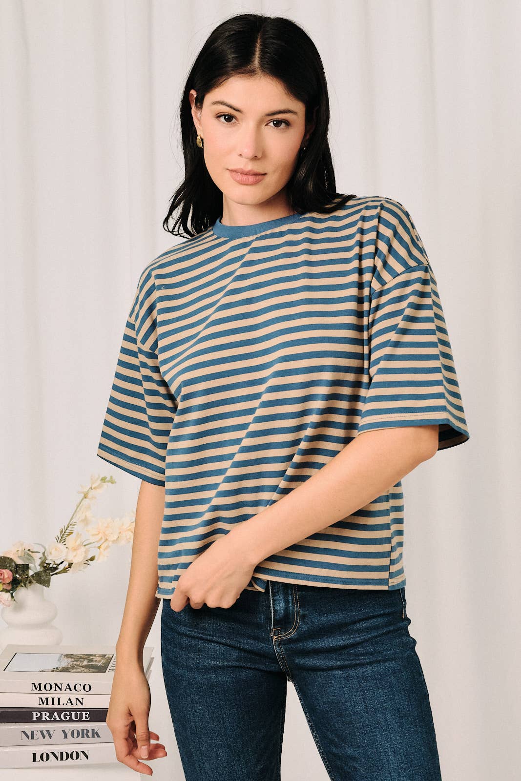 Striped Boxy Oversized Tee Cutout Open Tie Back