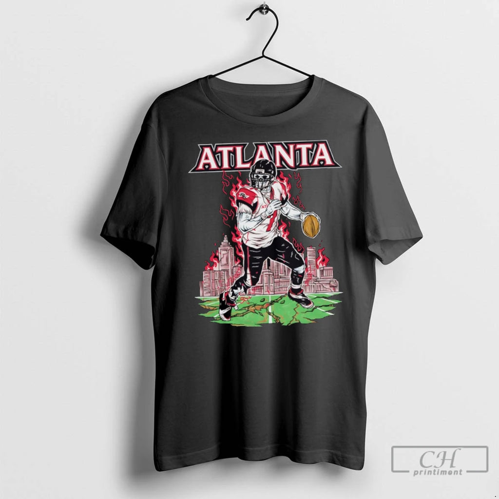 Atlanta Zombie Football Player Throwing Ball Flames City Skyline