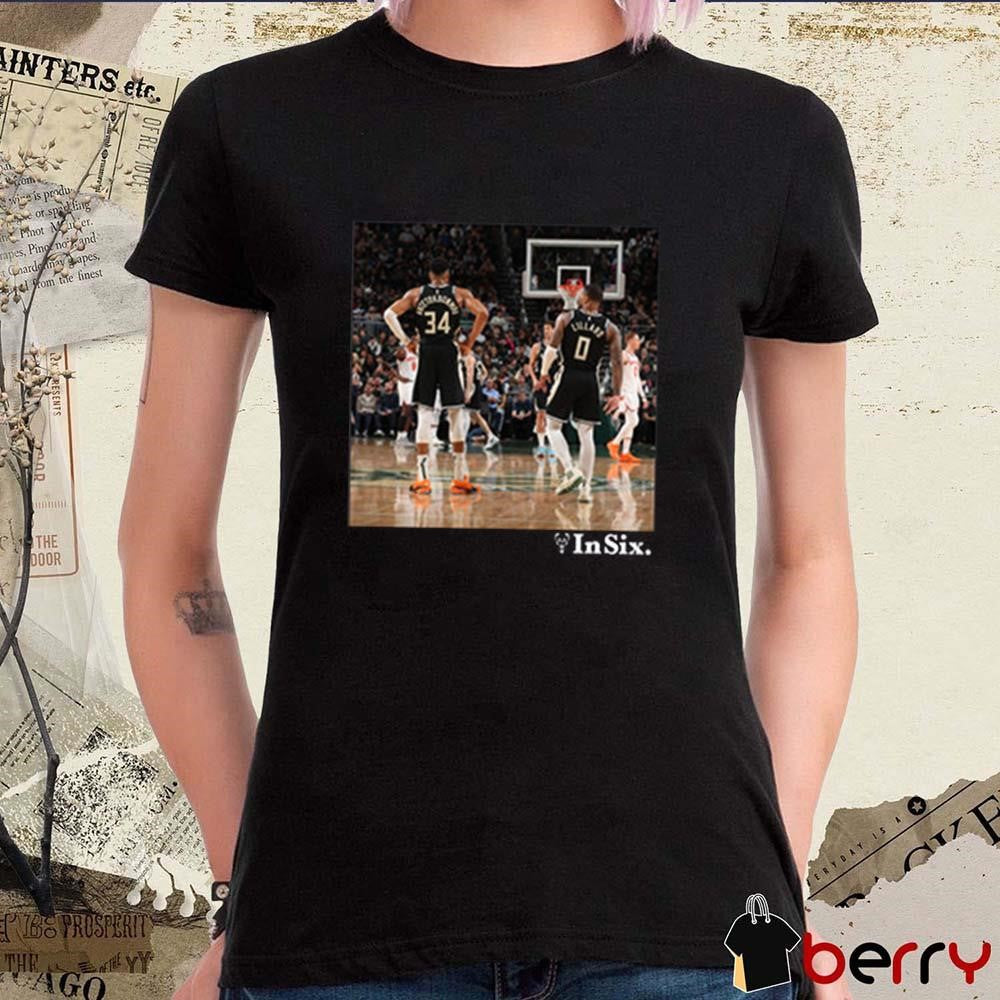 Bucks In Six Photo Reel Giannis Antetokounmpo and Damian Lillard Milwaukee Bucks 2024 t-shirt