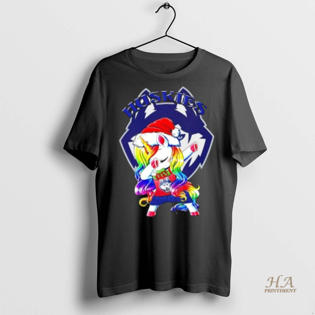 Official Connecticut Huskies Football X Unicorn Santa Hat Dabbing Merry Christmas Shirt