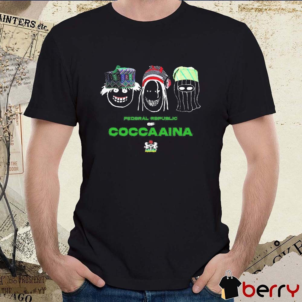 Emeka Wearing Federal Republic Of Coccaaina Drawing t-shirt