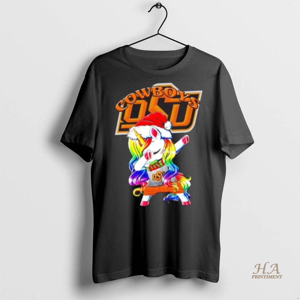 Official Oklahoma State Cowboys Football X Unicorn Santa Hat Dabbing Merry Christmas Shirt