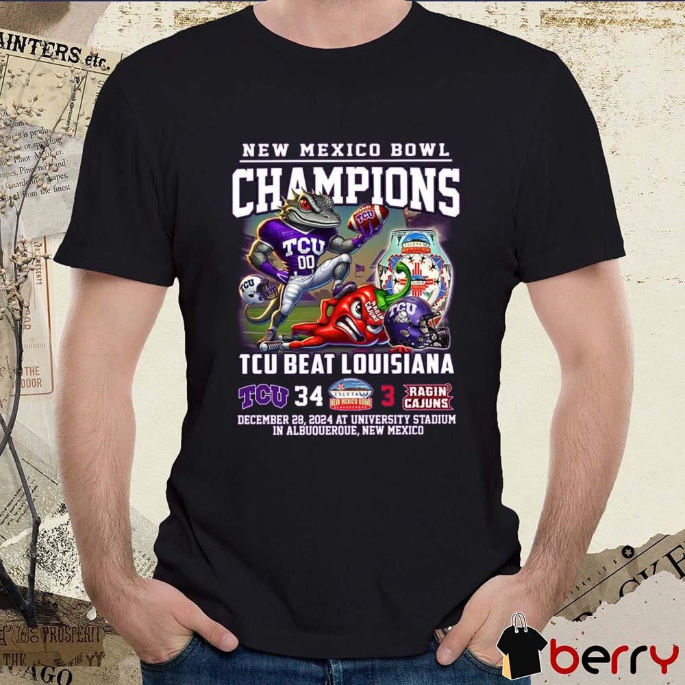 TCU Horned Frogs Beat Louisiana New Mexico Bowl 2024 Champions 34-3 Score Dec 28 At University Stadium Mascot t-shirt