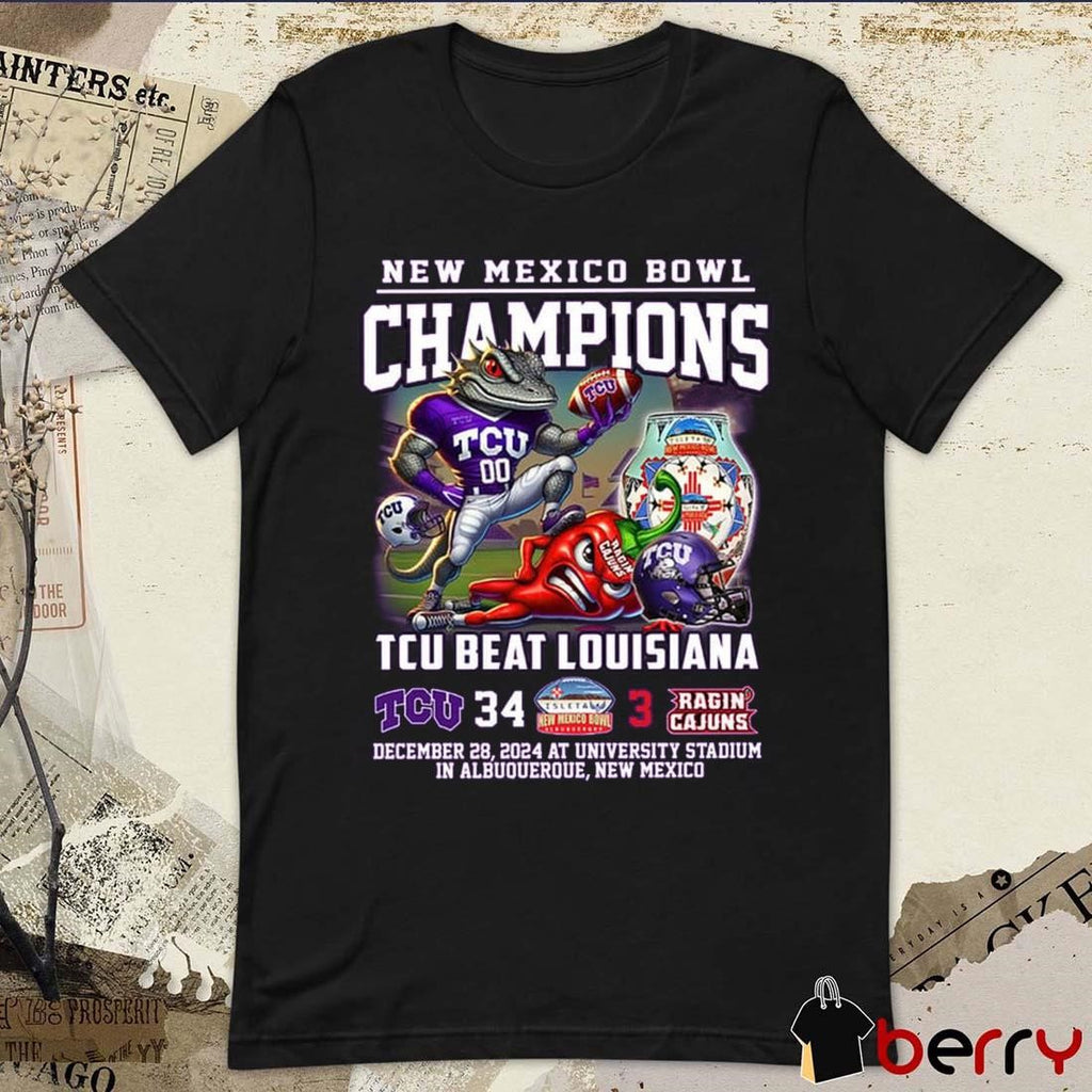 TCU Horned Frogs Beat Louisiana New Mexico Bowl 2024 Champions 34-3 Score Dec 28 At University Stadium Mascot t-shirt