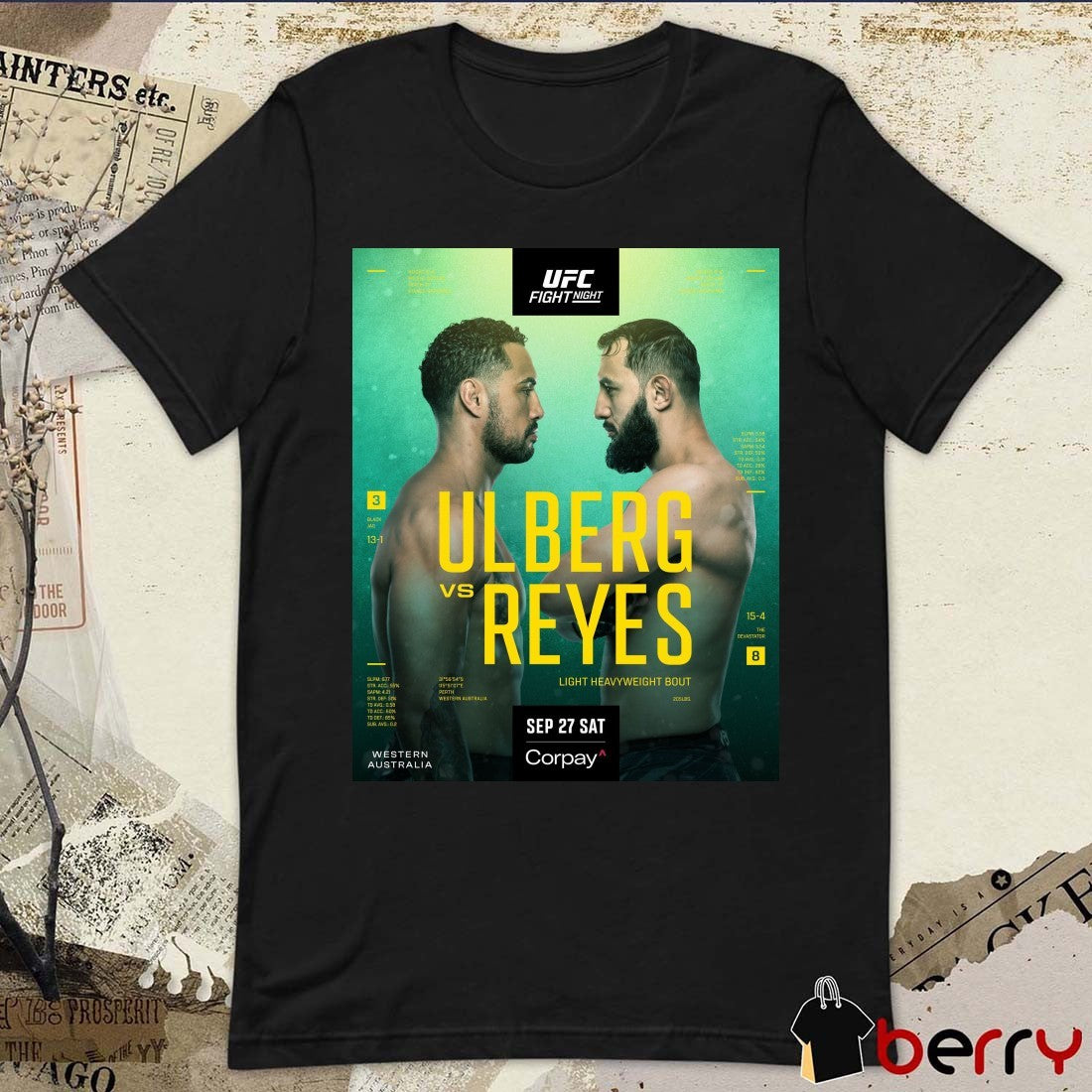 UFC Fight Night Carlos Ulberg and Dominick Reyes Light Heavyweight Bout September 27th 2025 Perth, Western Australia Poster t-shirt