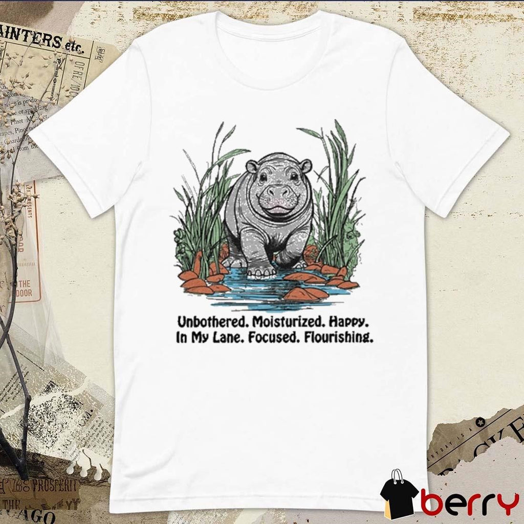 Unbothered Moisturized Happy In My Lane Focused Flourishing Hippo t-shirt