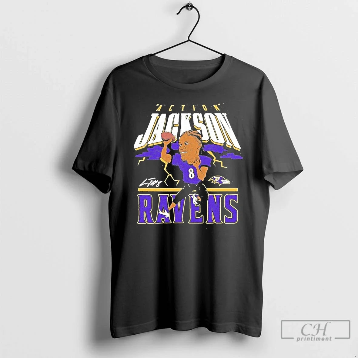 Premium Lamar Jackson Baltimore Ravens Action Caricature Player T Shirts