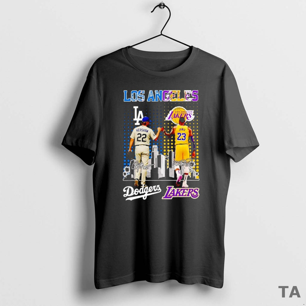 Top Dodgers Kershaw And Lakers James Fist Dump Los Angeles Skyline T Shirt Sweater