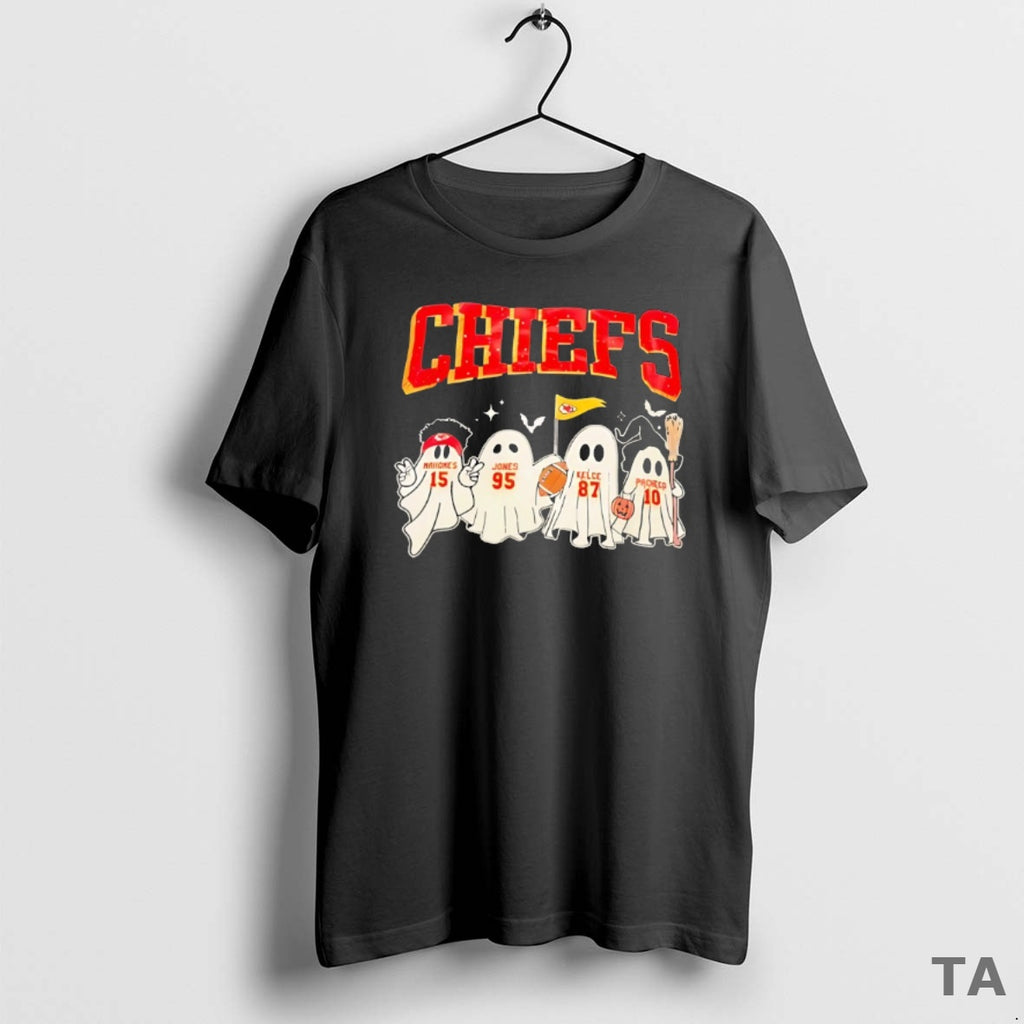 Top Ghost Mahomes Jones Kelce Pacheco Kansas City Football Halloween T Shirt Sweater