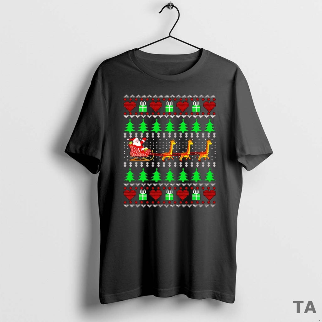 Top Santa Riding Giraffe Ugly Christmas T Shirt Sweater