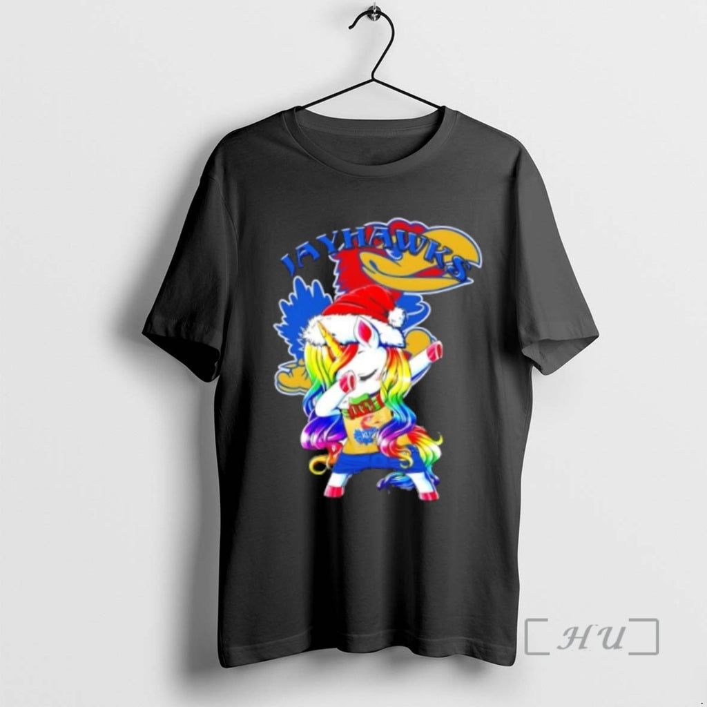 Trending Kansas Jayhawks Football X Unicorn Santa Hat Dabbing Merry Christmas Premium T Shirt Sweater