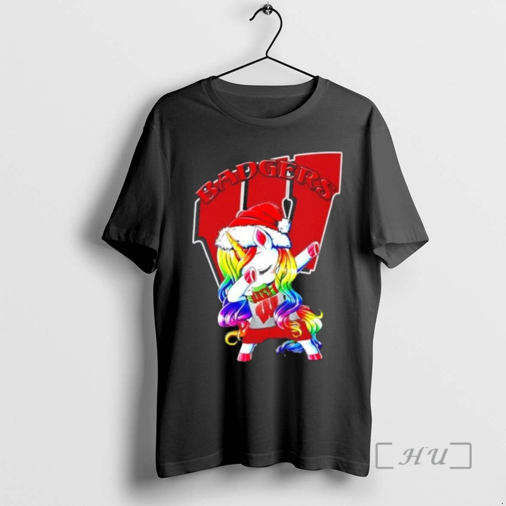 Trending Wisconsin Badgers Football X Unicorn Santa Hat Dabbing Merry Christmas Premium T Shirt Sweater