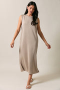 Crew Neck Cap Sleeve Folded Shoulder Columin Midi Dress