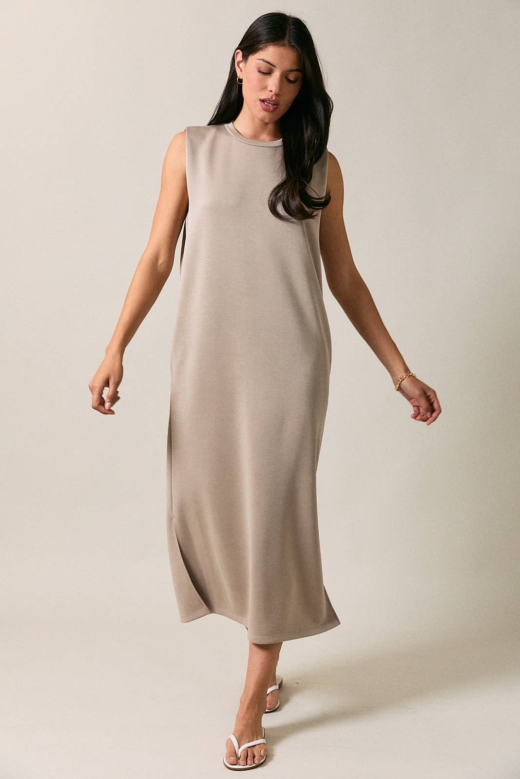 Crew Neck Cap Sleeve Folded Shoulder Columin Midi Dress