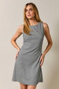 Sleeveless Crew Neck Godet Panel Houndstooth Mini Dress