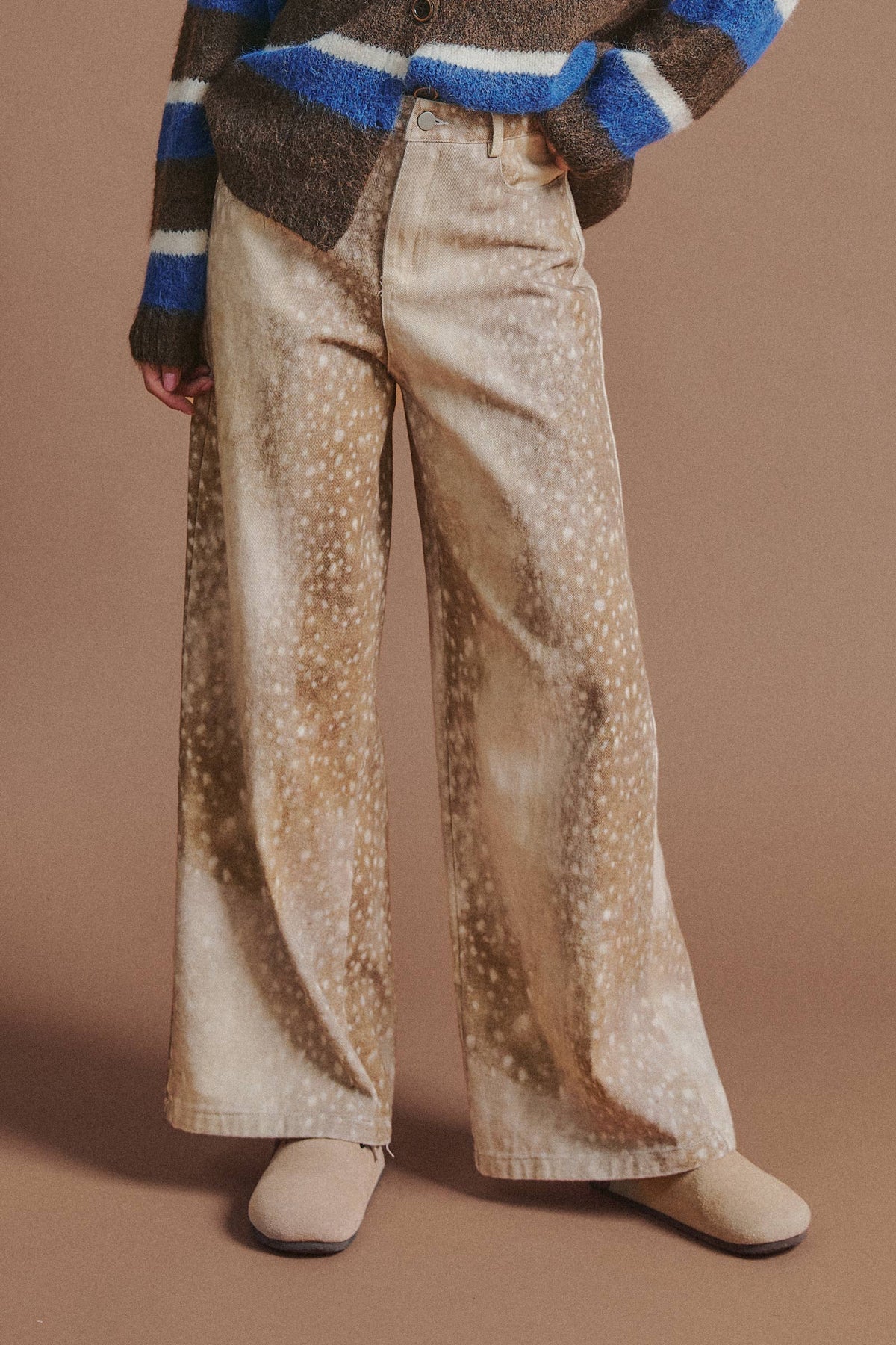 Deer Print Wide Leg Cotton Twill Pants
