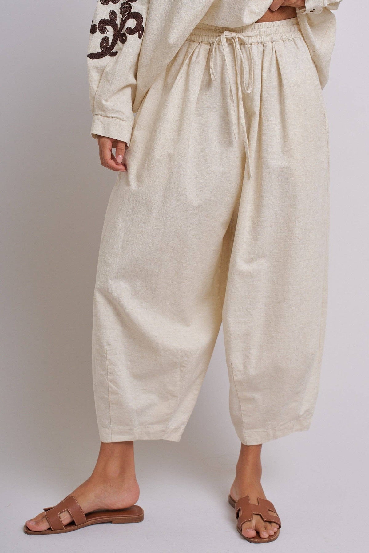 Cotton Linen Drawstring Cocoon Pants with Elastic Waist