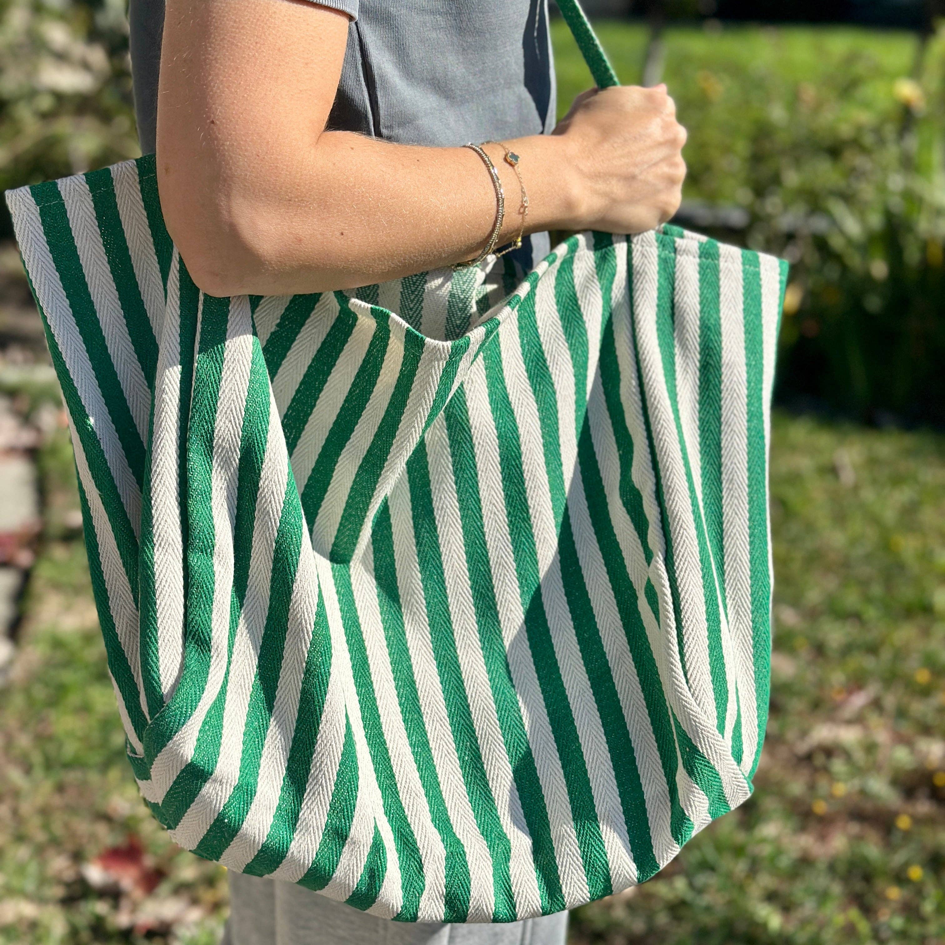 Green & Cream Striped Tote Bag, Large Shoulder Bag, Beach Bag, Summer Market Bag, Casual Everyday Tote, Travel Bag, Boho Striped Handbag, Gift For Her (Copy) (Copy)