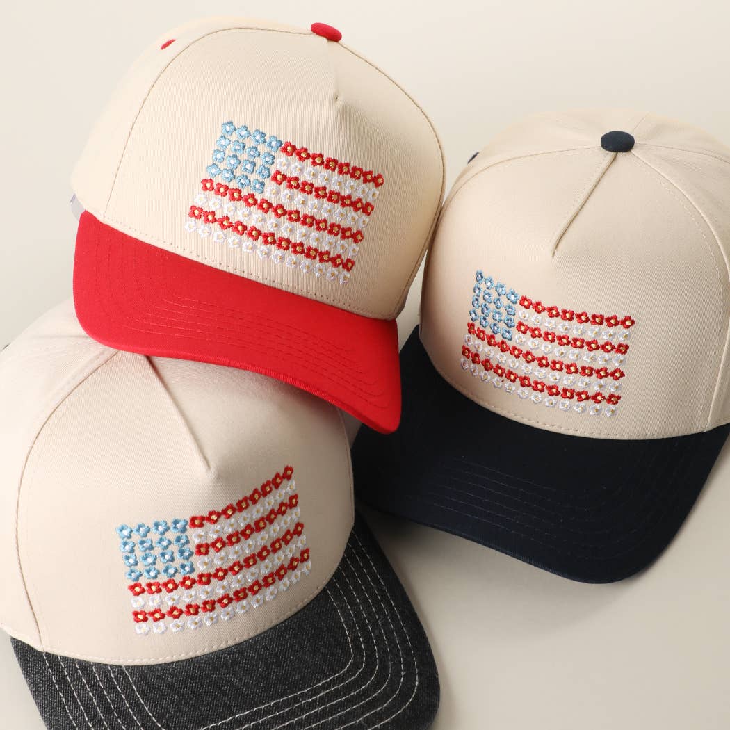 Floral American Flag Embroidered Two-Tone Denim Trucker Hat