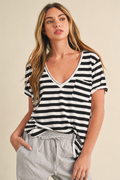 8679HK Relaxed Striped V-Neck Tee