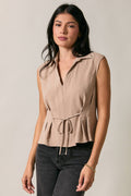 Collared Surplice Cap Sleeve Front Tie and Pleated Top