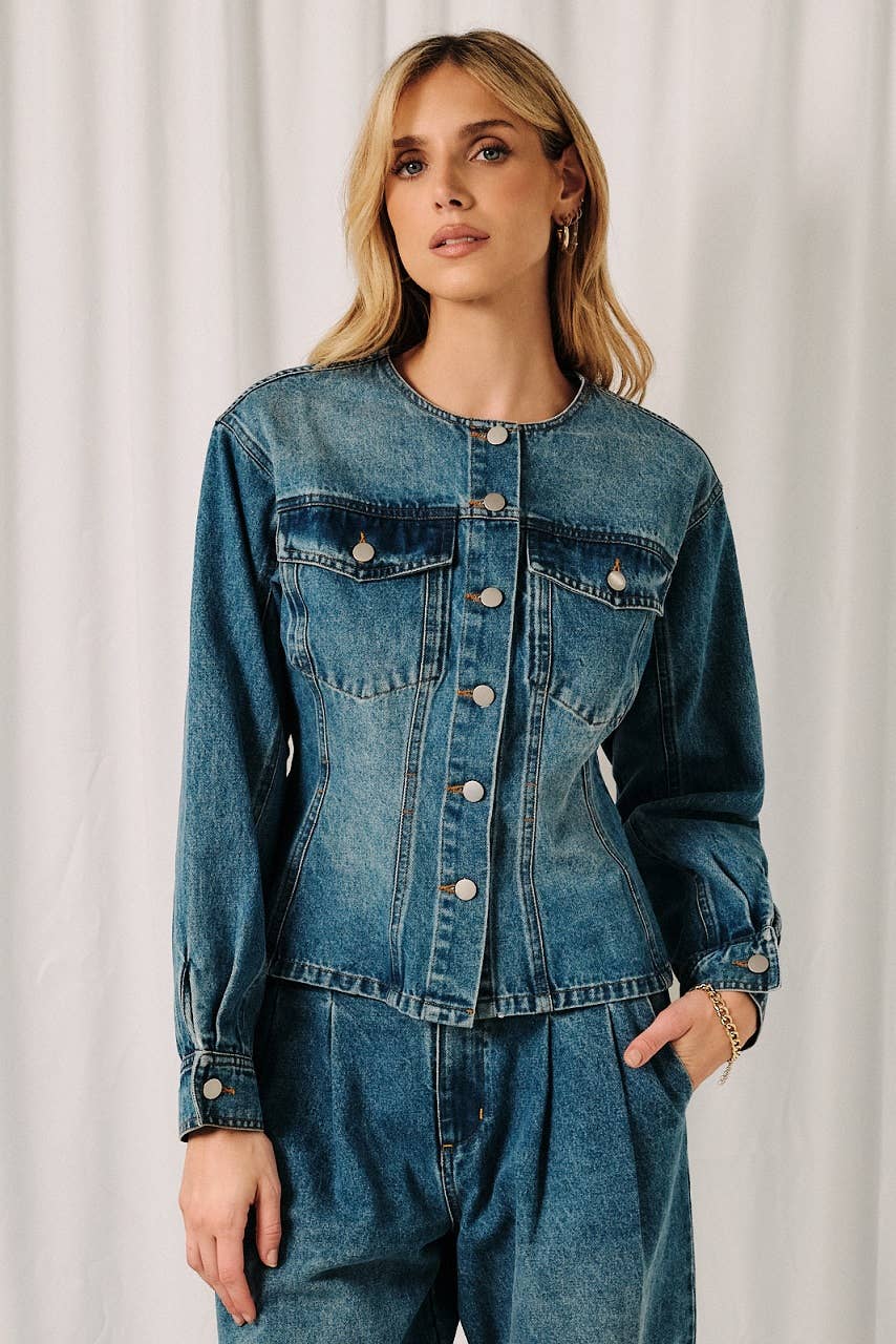 Round Neck Wrist Length Sleeve Fit & Flare Denim Top