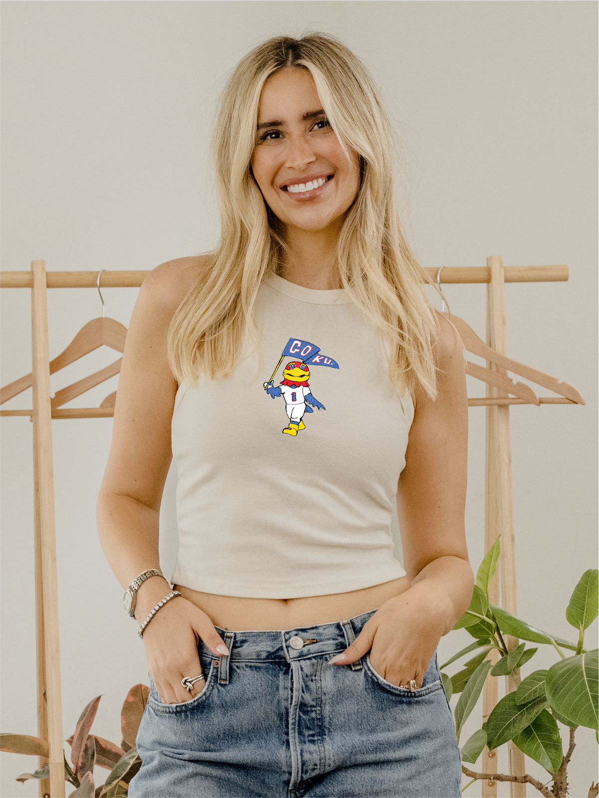 Ku Jayhawks Mascot Flag Off White Micro Cropped Tank