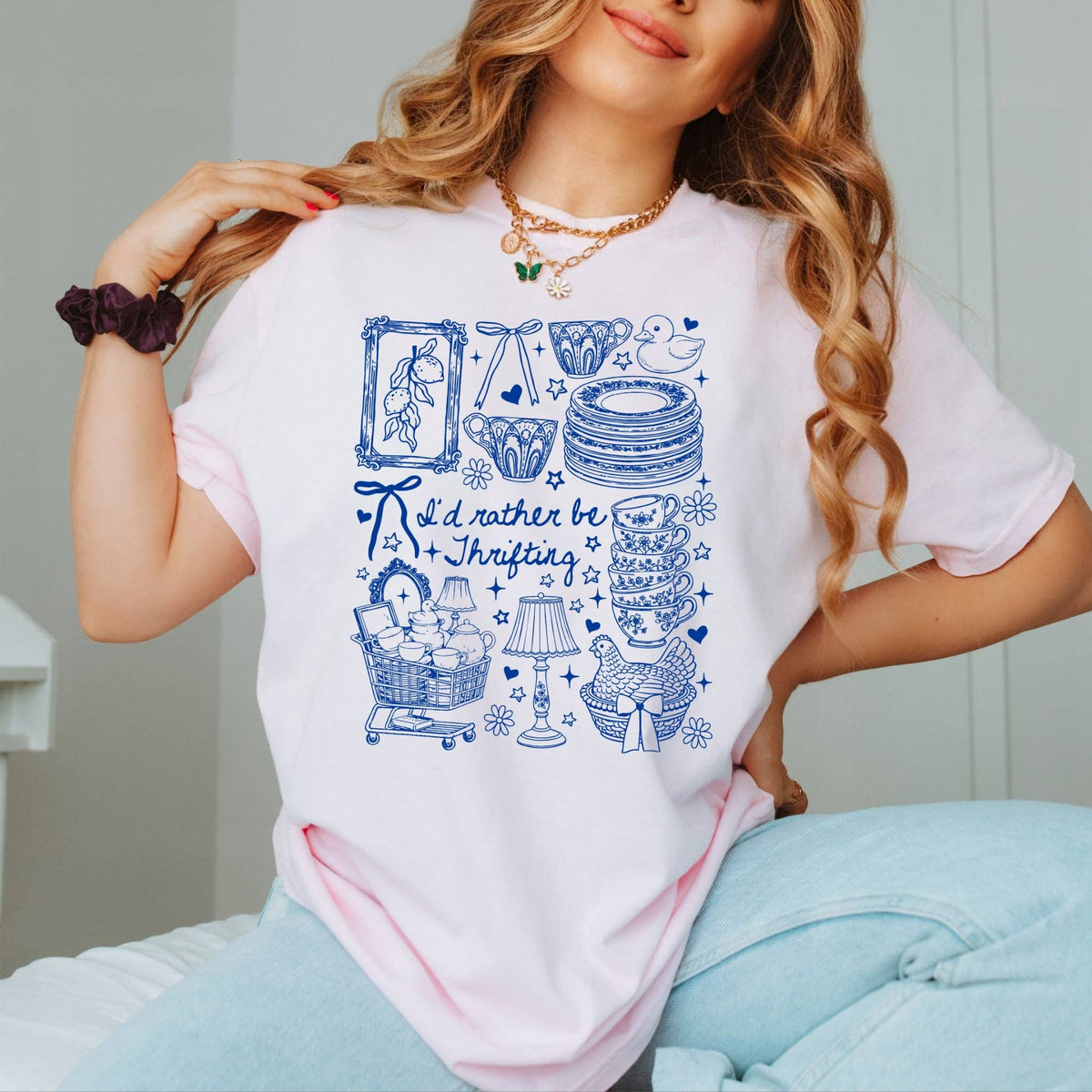 Vintage Rather Be Thrifting Pink Collage Tultex Graphic Tee