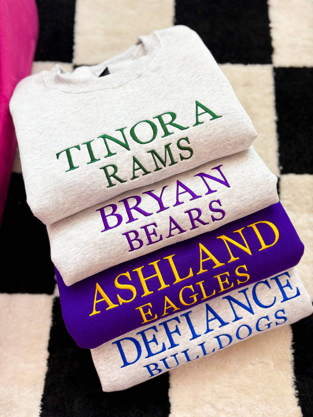 Custom Team Name Embroidered Crewneck | Block Font Mascot