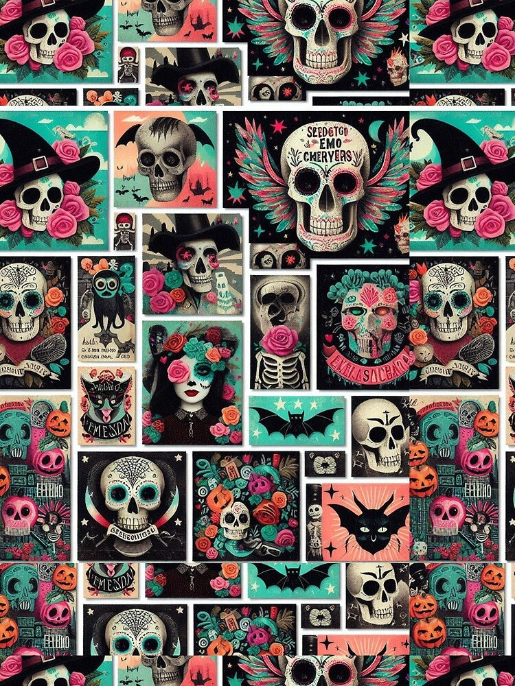 Gothic Sugar Skulls and Cats in Festive Collage by BriSher